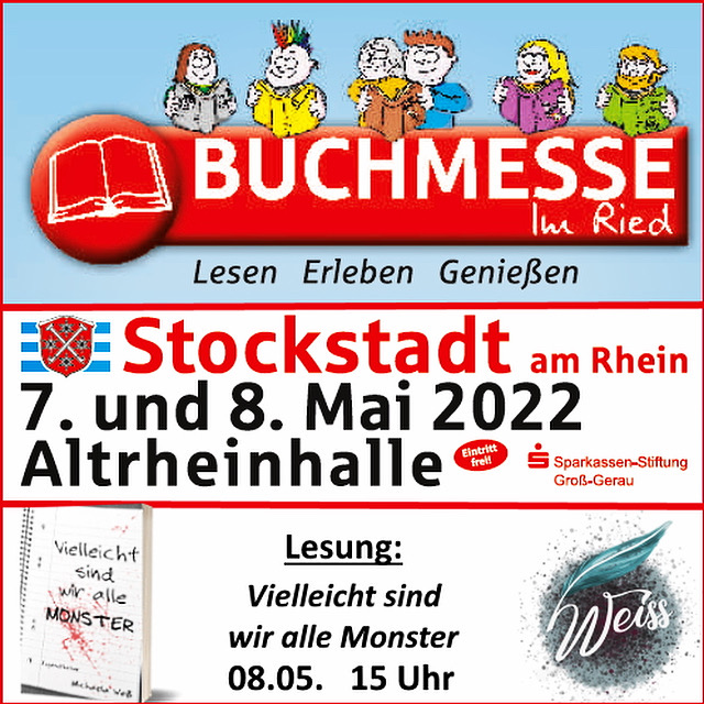 Am 7.-8.5. bin ich auf der #BuchmesseImRied!📖
Ihr findet mich am Stand vom #BrightonVerlag. Sonntags gibts eine #Lesung zu #VielleichtSindWirAlleMonster (15 Uhr im Krimiraum)
Ich freu mich auf euch!🥰

#Riedbuchmesse #BuchmesseStockstadt #Buchmesse #StockstadtamRhein #südhessen