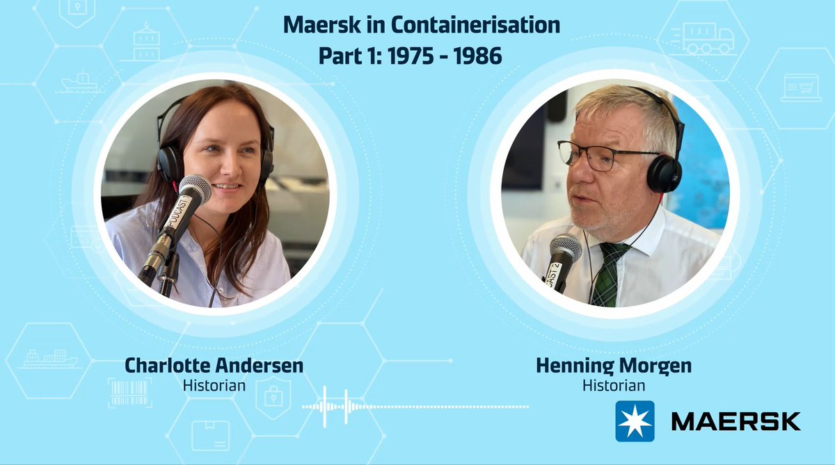 Maersk's tweet image. New Podcast: Join our historians Charlotte Andersen and Henning Morgen as they take us on a journey through #containerisation. Part 1: 1975 - 1986 youtu.be/uiVI5oLeook via @YouTube 
#Maersk #maritime #shipping