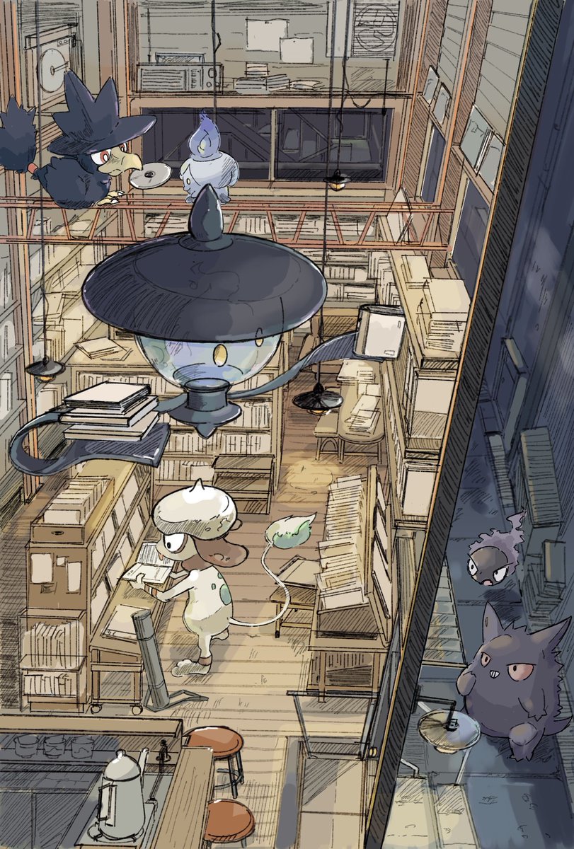 gengar pokemon (creature) indoors book holding stool bookshelf no humans  illustration images