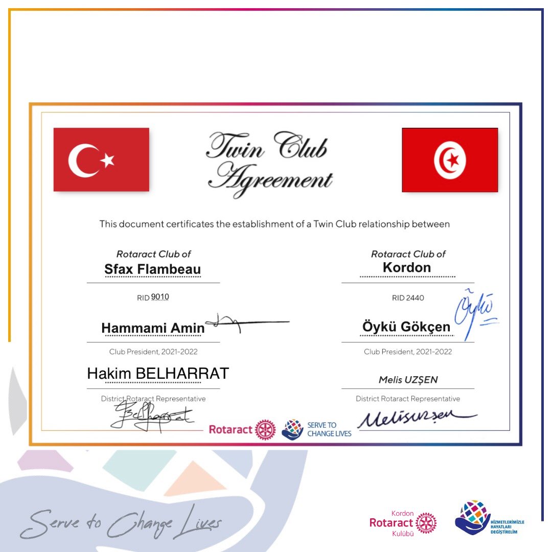 KordonRotaract's tweet photo. Sfax Flambeau Rotaract Kulübü ile Twin Club Anlaşmamızı imzaladık. Kardeş kulübümüz ile birlikte yapacağımız proje ve etkinliklerle hayatları değiştireceğimiz bir dönem diliyoruz. #rotaract #rotaract2440 #hizmetlerimizlehayatlarıdeğiştirelim #servetochangelives https://t.co/3ScwzRgewZ