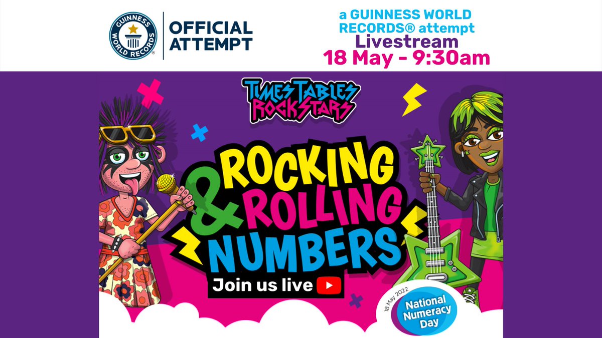 Nat_Numeracy's tweet photo. ๐ฃ We are super excited to be making a GUINNESS WORLD RECORDSโข Official Attempt on 18 May #NationalNumeracyDay with @TTRockStars @GWR
โญJoin @Mrs_katjones and @Bobby_Seagull online for the world's biggest 'number roll'
๐ Sign up and make history! https://t.co/egHbKYNmjh https://t.co/3fTQkzOzDu