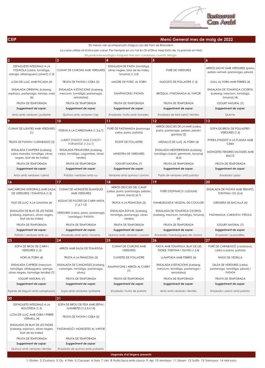 Aquest és el menú de maig 2022.
Bon profit!