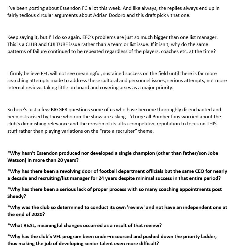 Lot of work to do tonight, so can't stay on here discussing Essendon FC. But I'll leave these notes for now. If Bomber fans REALLY want change, they MUST look beyond just the current list or coaching and ask some bigger questions like these. Retweets will help. #AFLDogsDons
