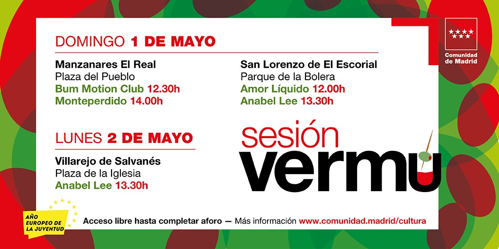 Esta mañana soleada de domingo comienza #SesiónVermú <a href="/CulturaCMadrid/">Cultura▪️Comunidad de Madrid</a>, todo preparado en Manzanares El Real <a href="/ManzanaresReal/">Ayto de Manzanares El Real</a> y San Lorenzo de El Escorial <a href="/culturaaytosanl/">CulturaAytoSanLorenz</a> para disfrutar de los primeros conciertos con <a href="/bummotionclub/">𝘽𝙪𝙢 𝙈𝙤𝙩𝙞𝙤𝙣 𝘾𝙡𝙪𝙗</a> <a href="/Monteperdido__/">monteperdido</a> <a href="/amorliquidx/">Amor Líquido</a> y <a href="/anbl_lee/">Anabel Lee</a>