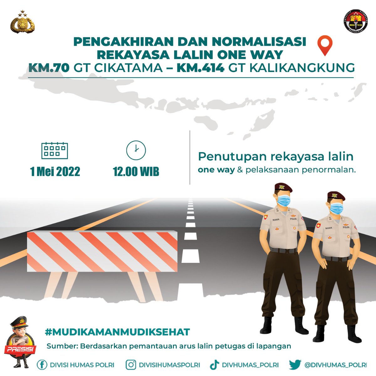 DewaThor17's tweet photo. PENGAKHIRAN DAN NORMALISASI REKAYASA LALIN ONE WAY KM.70 GT CIKATAMA – KM.414 G.T KALIKANGKUNG

1 Mei 2022
12.00 WIB 
penutupan rekayasa lalin one way &amp; pelaksanaan penormalan lalin
@DivHumas_Polri

Sumber: Berdasarkan pemantauan arus lalin petugas di lapangan https://t.co/c7mHJXg2OR