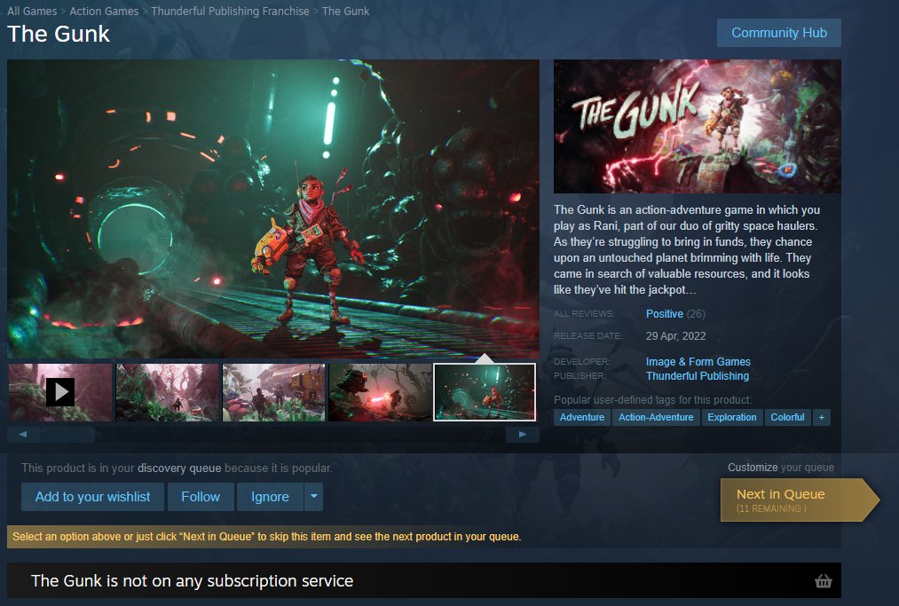 Maff_G's tweet photo. @alike03 Firstly, thankyou for the wonderful steam subscription addon. It's ace. Secondly, went on this morning and 'The Gunk' was not highlighted, double checked and it's still on gamepass https://t.co/thsZIbhYP3