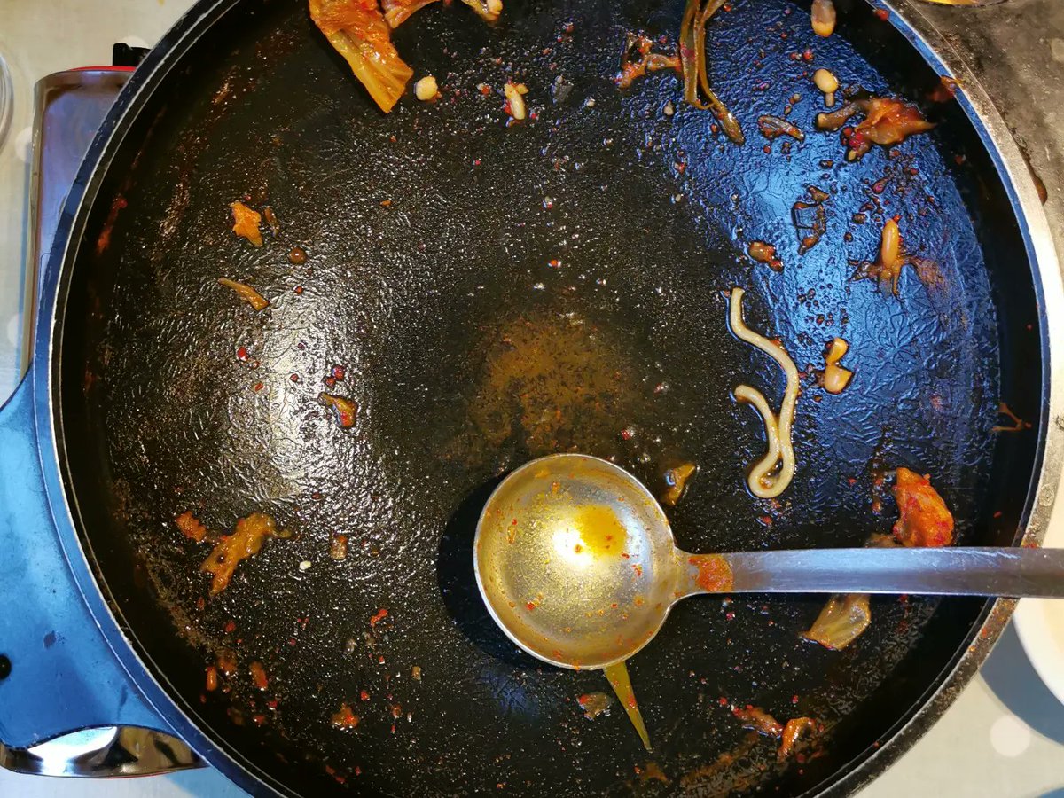 Pre Budae Jjigae, During Budae Jjigae and the AFTERMATH

This 'Army base stew' was soooo good. @hangukhapa &amp; I devoured it, every last bite. Spam, Kimchi, baked beans, tofu, noodles, sausage, spring onions, mushrooms (Ha Ru, New Malden).

12:30pm TODAY @bbcfoodprog @bbcradio4
