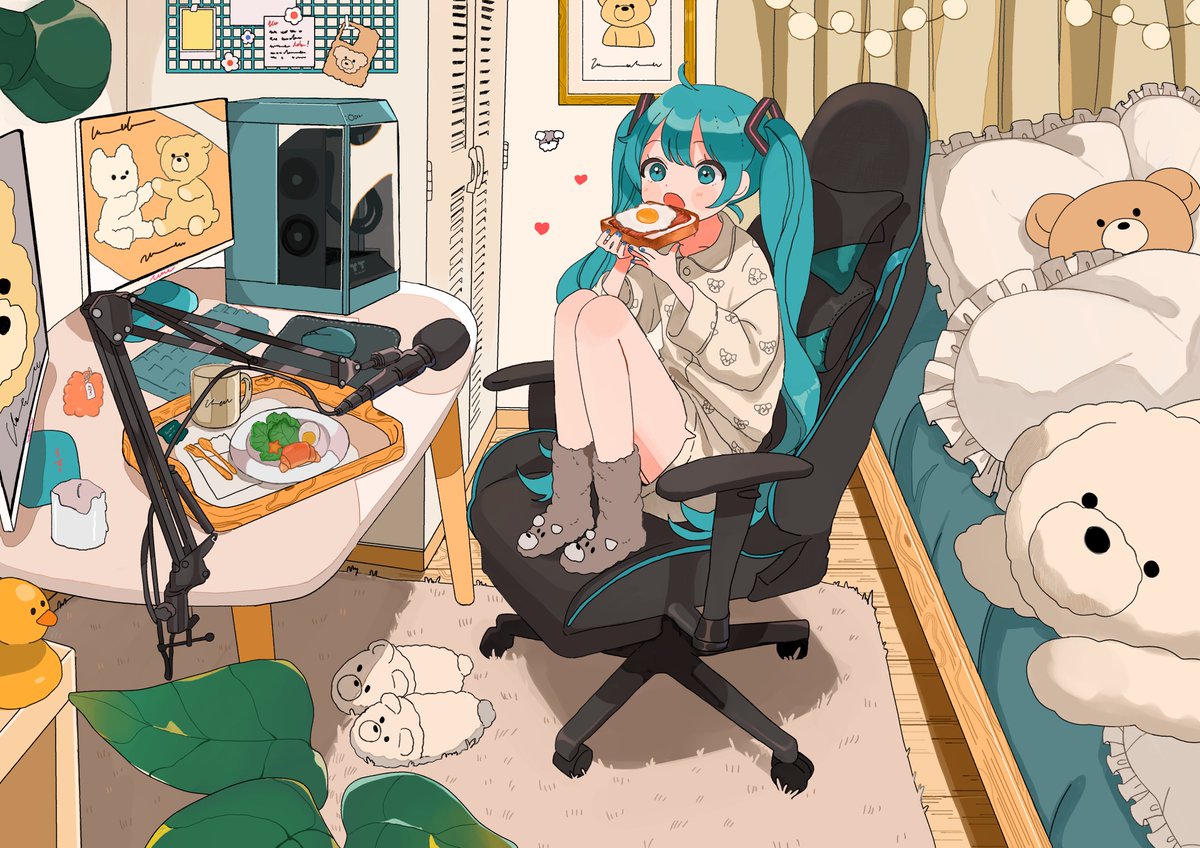 初音ミク「Thermaltake×初音ミクコラボPCくつろぐミクちゃんです!🖥🧸 」|𝐦𝐚𝐩𝐥𝐞✌︎✌︎のイラスト