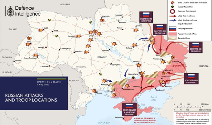 Map showing latest updates on the situation in Ukraine, including strikes and grouping of Russian forces.