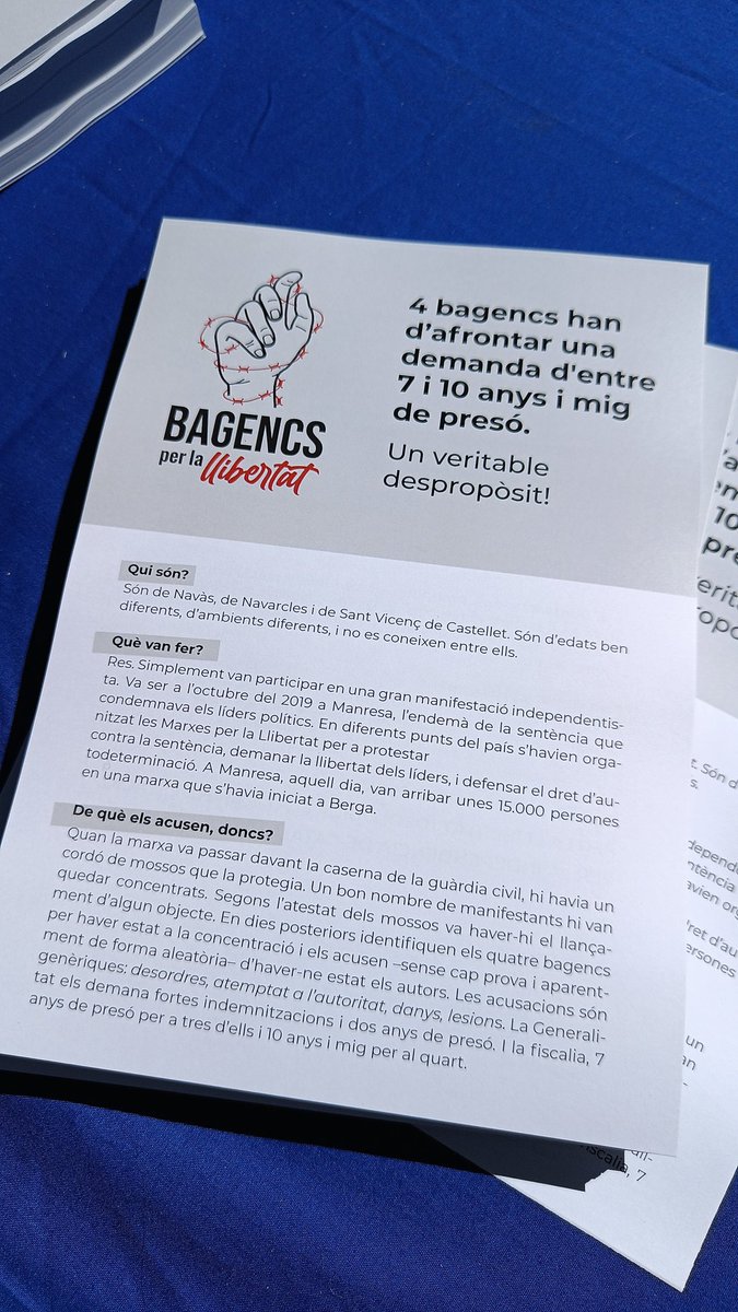 Som a #Navàs, amb els <a href="/Bllibertat/">Bagencs per la Llibertat</a>, a qui Fiscalia i Generalitat demanen entre 7 i 10 anys i mig de presó per ser independentistes i exercir el dret a la protesta!

Desmuntem el seu règim!