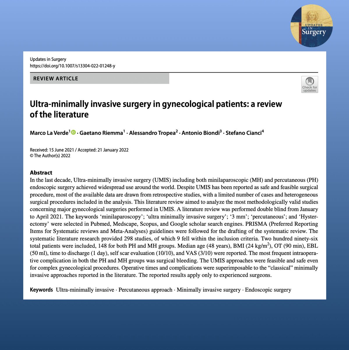 UpdatesSurgery's tweet photo. This literature review aimed to analyze the most methodologically valid studies concerning major gynecological surgeries performed in Ultra-Minimally Invasive Surgery

Full article at: https://t.co/jR6p5SGDpK https://t.co/BnHIktZwZd