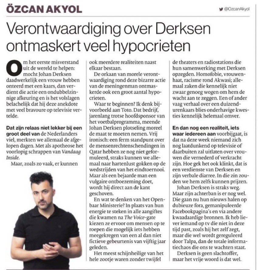 Zal mijn stadsgenoot even een hart onder de riem steken.

Wederom een rake column van <a href="/OzcanAkyol/">Özcan Akyol</a>.

“Derksen is geen slachtoffer, maar het vrije woord is dat wel”

Zet ‘m op Eus 💪🏻