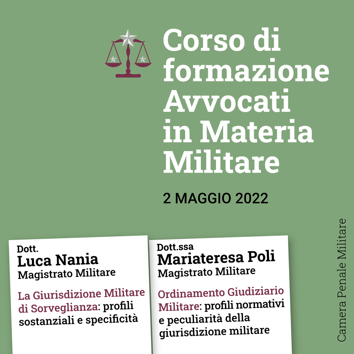 CMilitare's tweet photo. Domani #2maggio prossima incontro 👨‍🎓 corso per #AvvocatoMilitare con i magistrati militari dott. #LucaNania e dott.ssa #MariateresaPoli. La lezione avrà luogo su piattaforma virtuale 🖥 con servizi informatici magistratura militare. 
Info segreteria@camerapenalemilitare.it https://t.co/zYaDqc7eSc