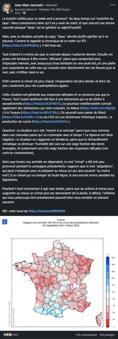 Jancovici : "Le bulletin météo pour ce week-end a annoncé "du beau temps sur l'essentiel du pays". Nous comprenons donc qu'il va y avoir du soleil, et que cela est une bonne nouvelle puisque "beau" est en général un adjectif positif. linkedin.com/posts/jean-mar…