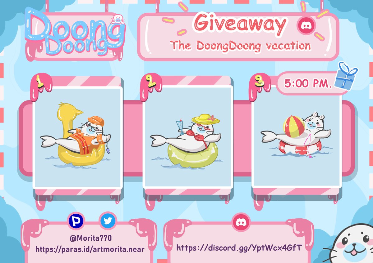 Taro7747's tweet photo. 📢 Giveaway DoongDoong for everyone.🎁 @ParasHQ 
⭐-Giveaway set. The DoongDoong Vacation
⭐-3 cards
⭐-Type 1/1 Edition
Start = 1/5/2022 ( 5:00 pm. )
Ends = 2/5/2022 ( 5:00 pm. )
1. Follow and share the pinned post. @Morita770 
2. Join event to Discord https://t.co/VMxH6kmMoJ https://t.co/zonJ17nFvL
