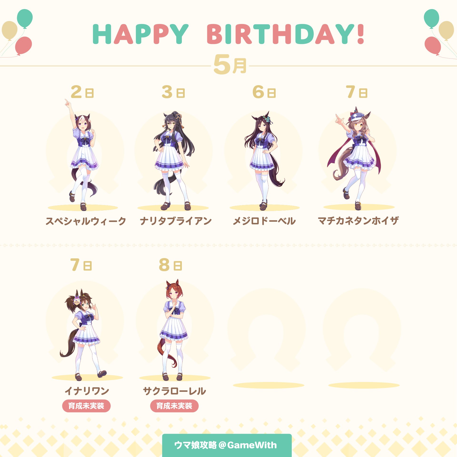 ウマ娘攻略 Gamewith 今週のウマ娘 誕生日ニュース 今週誕生日を迎えるウマ娘は以下の6人です 5 2 月 スペシャルウィーク 5 3 火 ナリタブライアン 5 6 金 メジロドーベル 5 7 土 マチカネタンホイザ イナリワン 5 8 日 サクラローレル