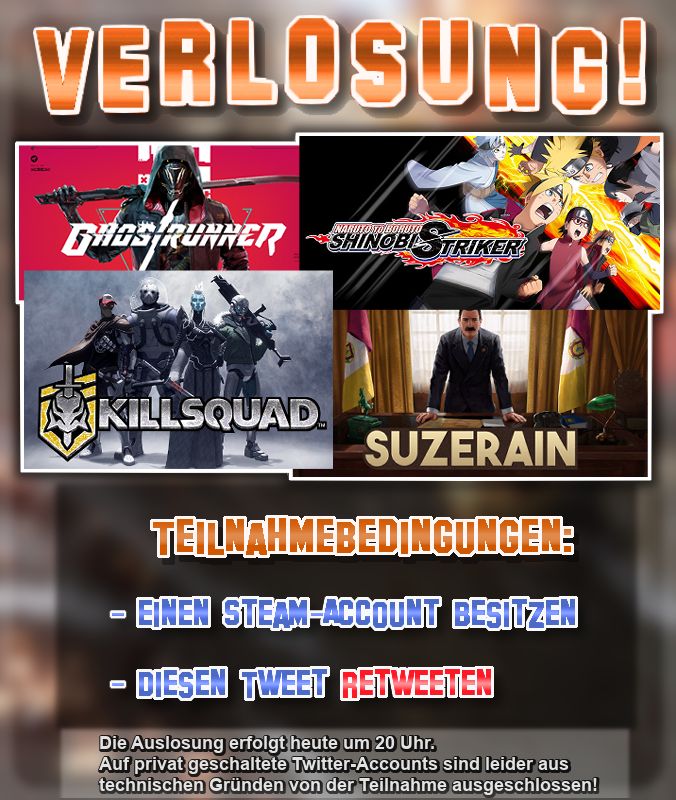 Sabishi1985's tweet photo. ++ VERLOSUNG ++

- Naruto to Boruto: Shinobi Striker (x2!)
- Ghostrunner
- Killsquad
- Suzerain

Platz 1 darf sich zuerst ein Spiel aussuchen, danach Platz 2, dann Platz 3, usw. ^^

#SabiVerlost https://t.co/gUpgobdiI5