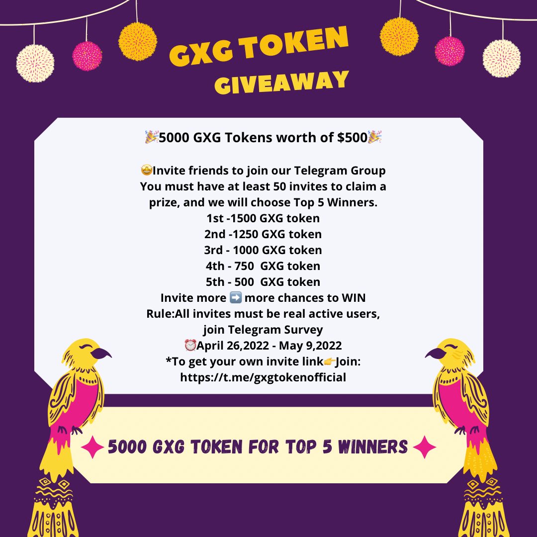 Join Our Telegram To participate in this Giveaway

👉 t.me/gxgtokenoffici…

#gxgtoken #Giveaway #telegramgroup #NFTs #gaming