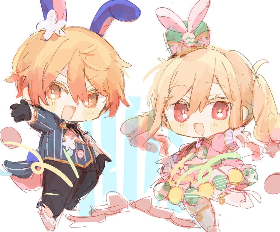 1boy 1girl animal ears chibi rabbit ears orange hair twintails  illustration images