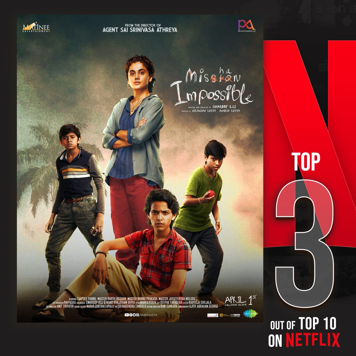 The SMALL Film making the BIG impact 😍✊ #MishanImpossible Garnering all the Love ❤️ & stands TOP #3 on @NetflixIndia 📺 @taapsee @swarooprsj @MatineeEnt #NiranjanReddy #AnveshReddy @pasha_always @iamMarkKRobin @saregamasouth