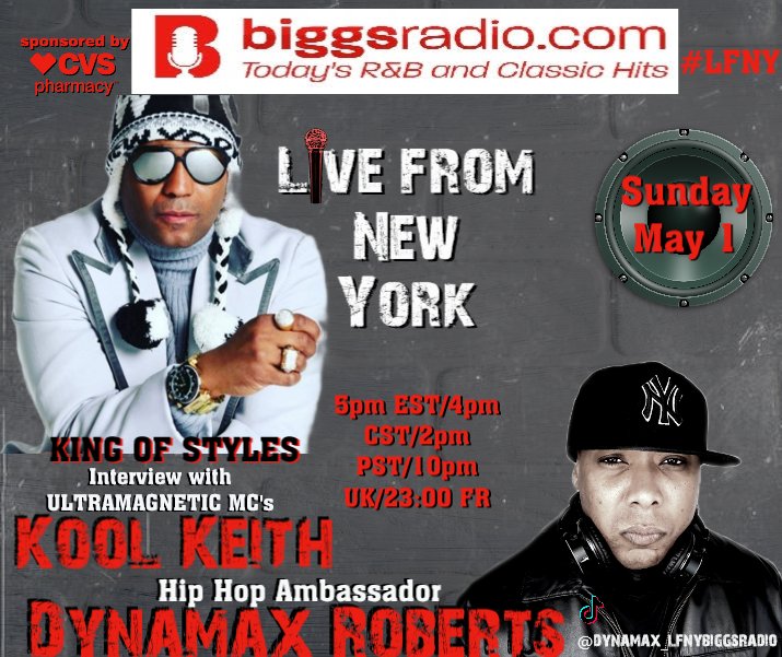 DynamaxRoberts's tweet photo. Surprise guest today  from the south Bronx my home town fam Kool Keith The king of styles   Ultramagnetic M.C.'s. Black Elvis ,, Dr Octagon Rythm x  newyork city breakers  With hip hop ambassador Dynamax Roberts Livefromnewyork  https://t.co/BqL3hotWUR    4:00 cst 5:00pm est https://t.co/dmfxjocFc2