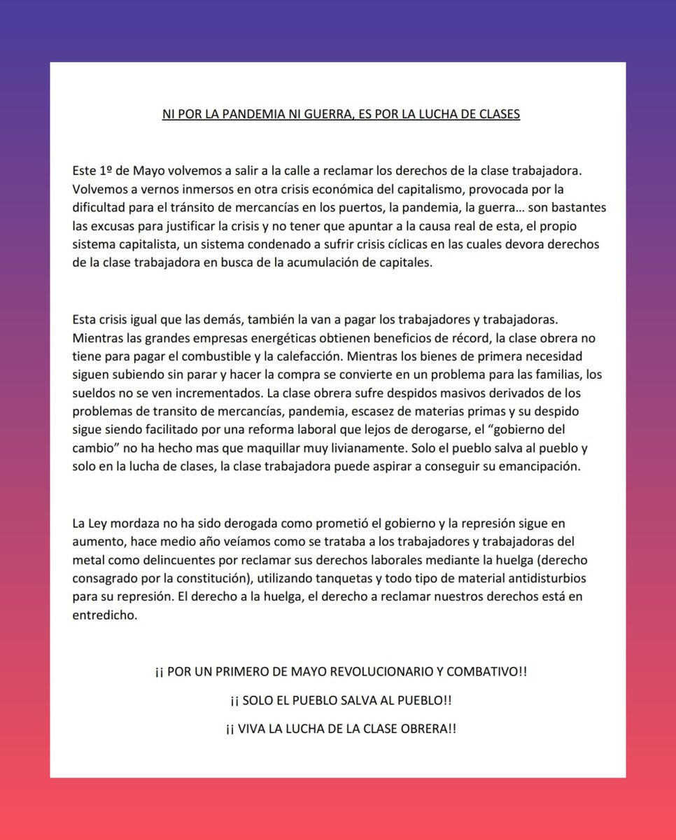 Primero de Mayo: Día de la clase trabajadora ✊
Ni un paso atrás, por la dignidad y la emancipación de la clase obrera!