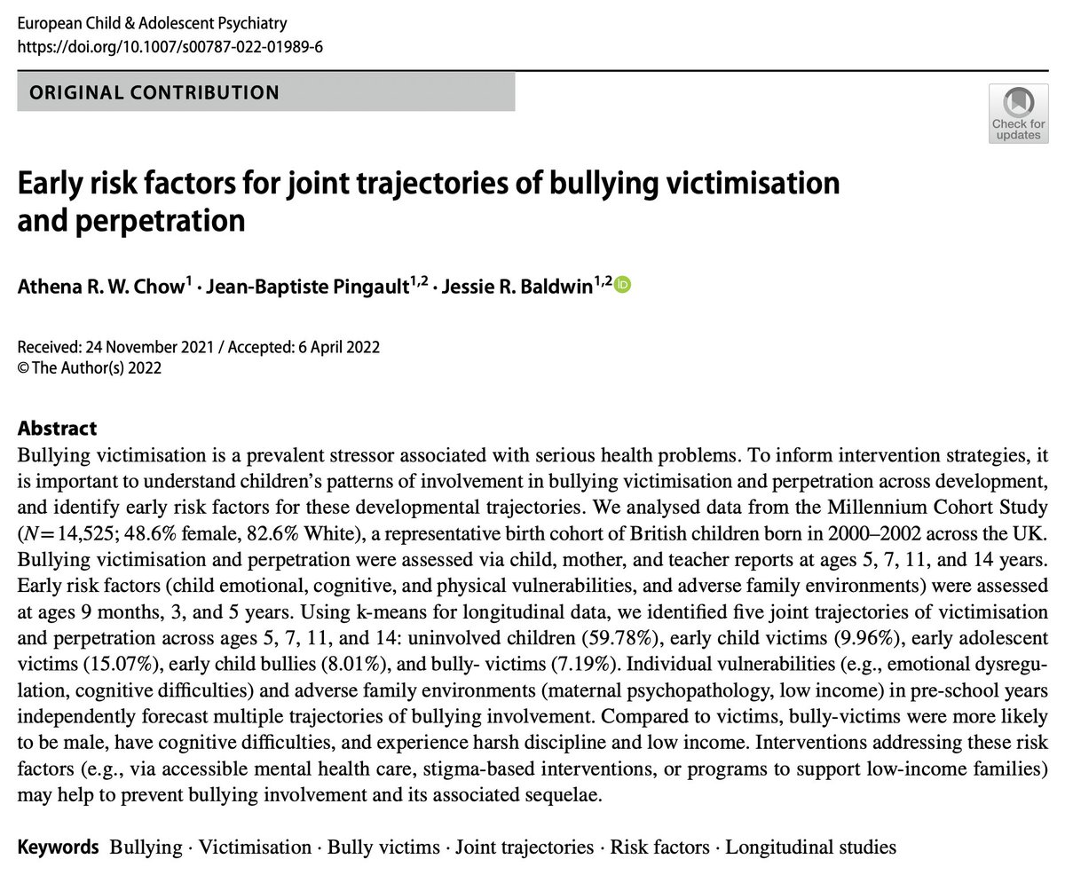 AthenaRWChow's tweet image. My first first-author paper (and undergrad dissertation) has been published in @ESCAPonline! Grateful to @JBPingault and @jessiebaldwin for their supervision💙 We explore early risk factors for joint trajectories of bullying victimisation and perpetration: doi.org/10.1007/s00787…