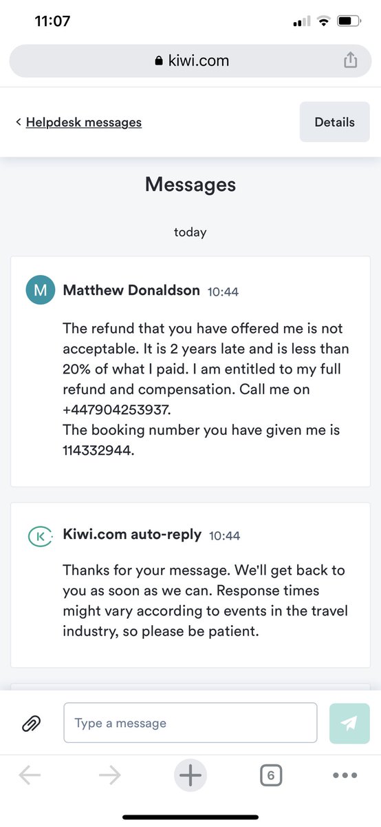 DonaldsonMatt's tweet photo. @kiwicom247 Your reply via message was as below. You ask me to be patient when I have waited 2 years for you to address my situation. I would say I have been more than patient. https://t.co/7E32Kcpn1m