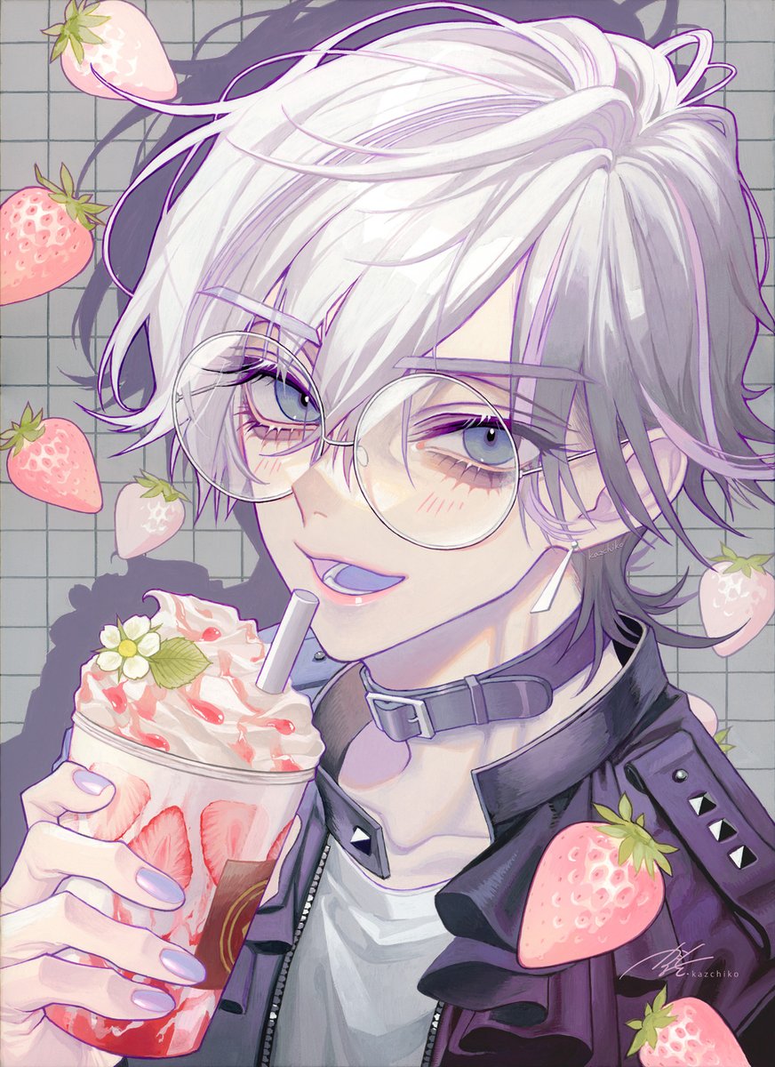 food 1boy male focus fruit strawberry solo glasses  illustration images