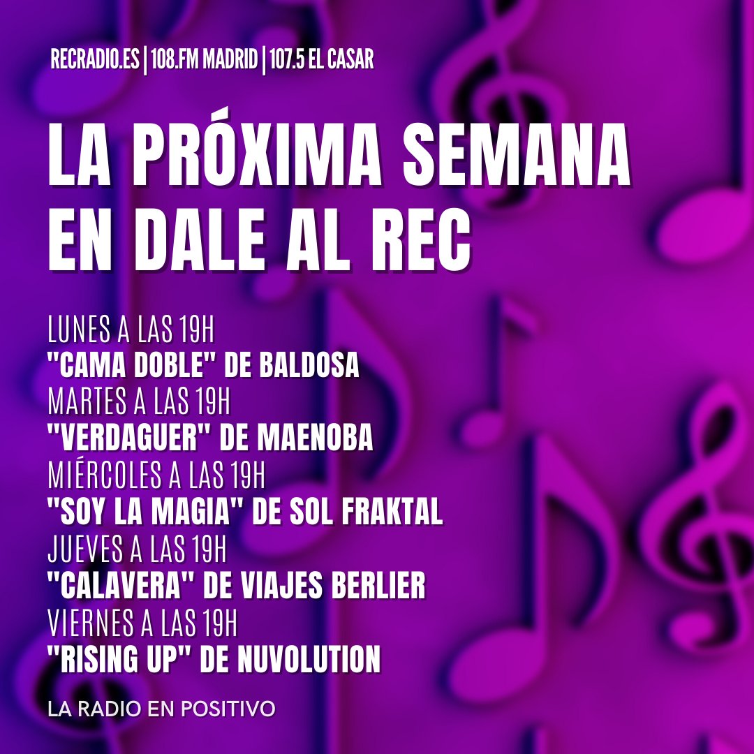 ¡La próxima semana en Dale al REC!

Escucha de lunes a viernes a las 19h la música que te proponemos en Dale al REC.

Escúchanos a través de recradio.es | 108.0 FM en  Madrid
<a href="/viajesberlier/">𝕍𝕀𝔸𝕁𝔼𝕊 𝔹𝔼ℝ𝕃𝕀𝔼ℝ</a>   <a href="/CalaveritaRcrds/">Calaverita Records</a>  <a href="/somosbaldosa/">Baldosa</a>   <a href="/NuVolutionMusic/">NuvolutioN</a>   <a href="/TxemaCabria/">Txema Cabria</a>