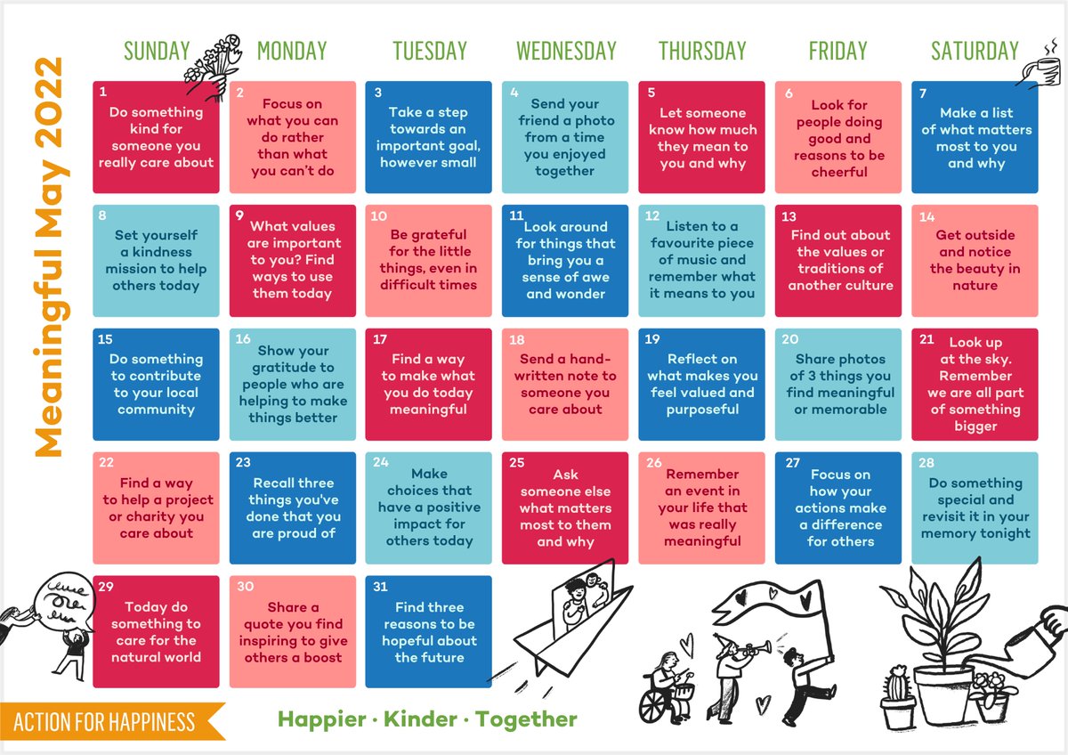 ThePositivityDr's tweet photo. Kick off this month with meaning, inspired by the May 2022 Action for Happiness calendar. Today you might like to intentionally do something kind for someone you really care about. #actionforhappiness #meaningfulmay https://t.co/XJq62l6zfH https://t.co/54xfVoHViE