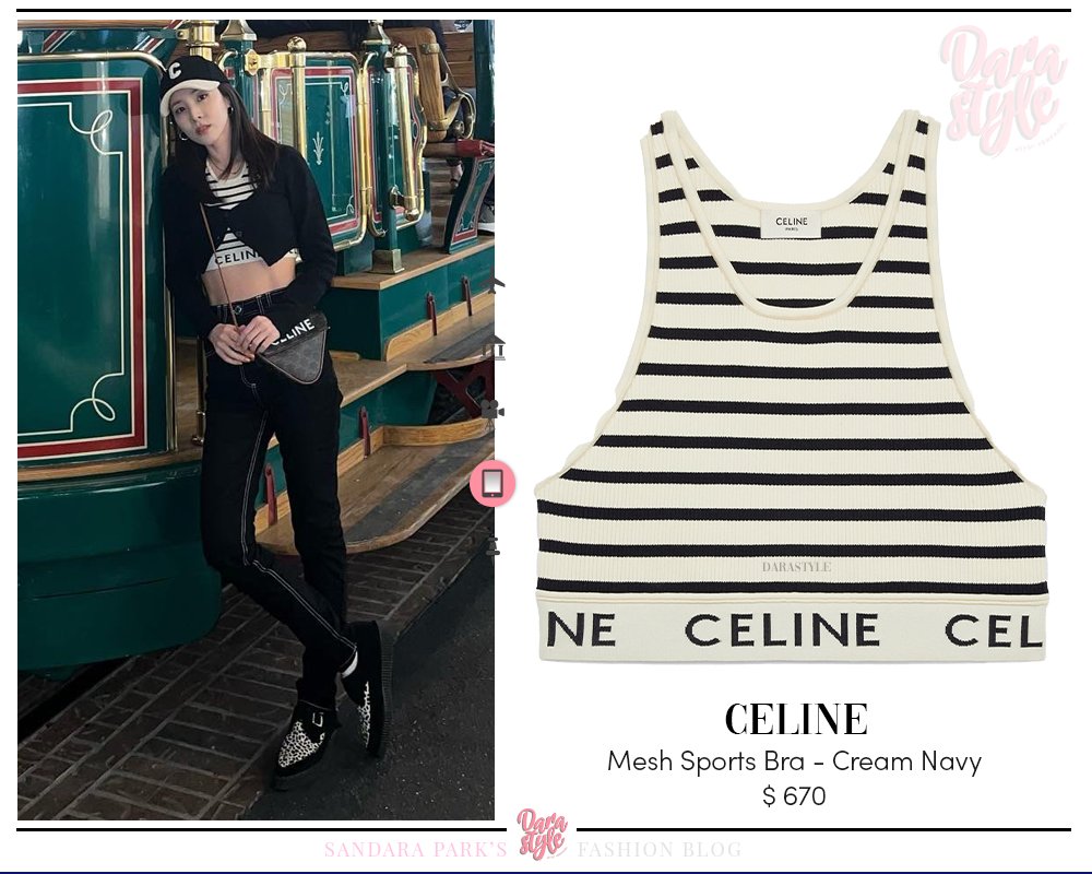 Dara Style on X: [SNS Update] 220501 - #DARA Twitter post, wearing: #CELINE  Mesh Sports Bra - Cream Navy #CELINE Triangle Bag In Triomphe Canvas With  Celine Print - Tan #CELINE Initial