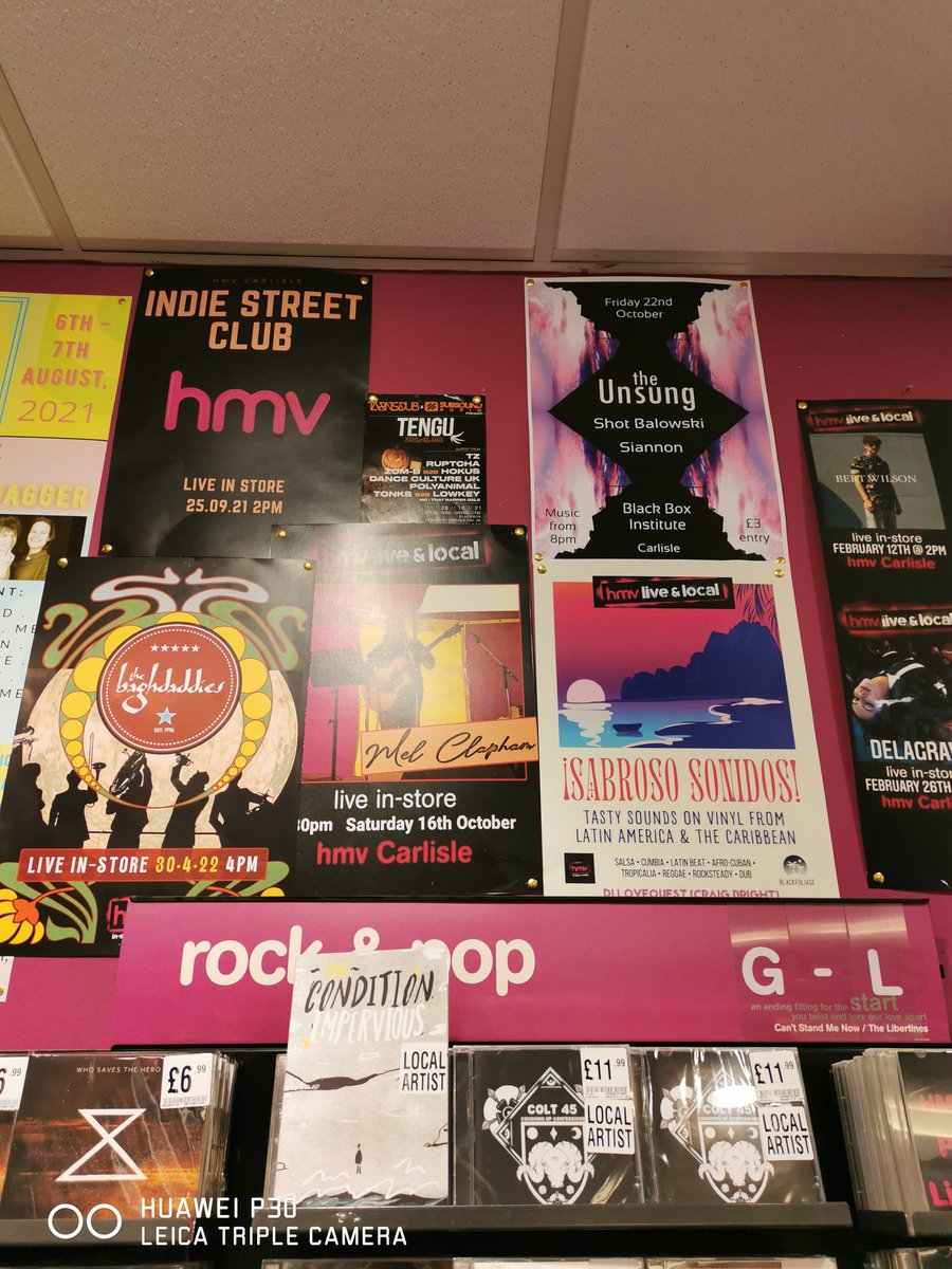 hmvCarlisle's tweet photo. Over the moon with our poster additions to our #hmvliveandlocal 'what's the crack' wall.

It was a pleasure to ha e @cotcontroller &amp; @Baghdaddies in-store yesterday.

What's next for @hmvCarlisle

@hmvWorkington @hmvtweets @FeatureCumbria @TheLanesSC @CarlisleShopper https://t.co/VXzNJlOdIw