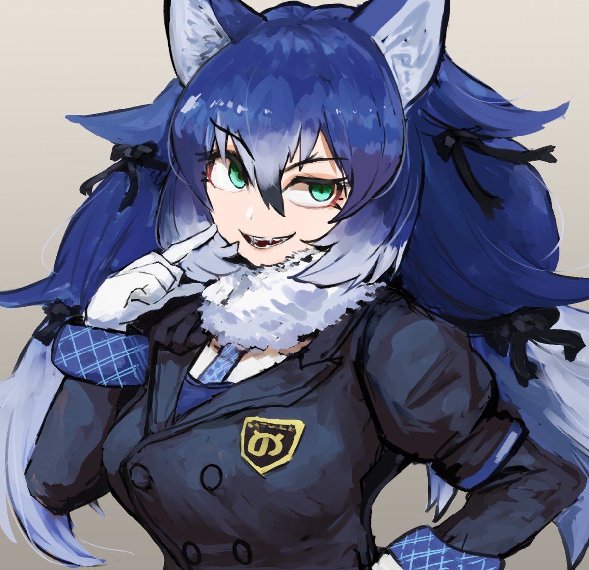 1girl solo animal ears blue hair long hair gloves wolf ears  illustration images