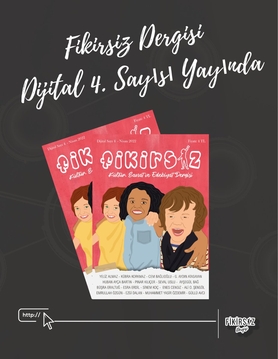 Fikirsiz dergisinin çocuk konulu dijital 4. sayısı yepyeni tasarım ve yazılarıyla sizlerle...

4 ₺ gibi sembolik bir ücret ödeyerek satın alabilirsiniz.

Satın alma linki bioda.

Fikirsiz ailesi olarak şimdiden keyifli okumalar diliyoruz.
