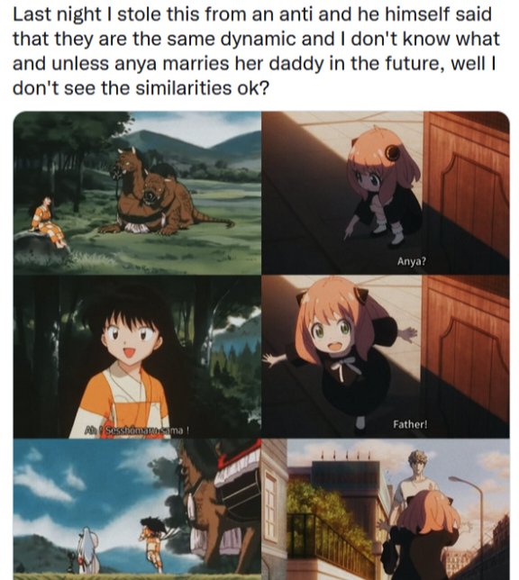 cheeseciabatta's tweet photo. @ sessrinners

So you agree? That sesshomaru is rin's father figure just like how loid is to anya? https://t.co/jFPRTrcIRe