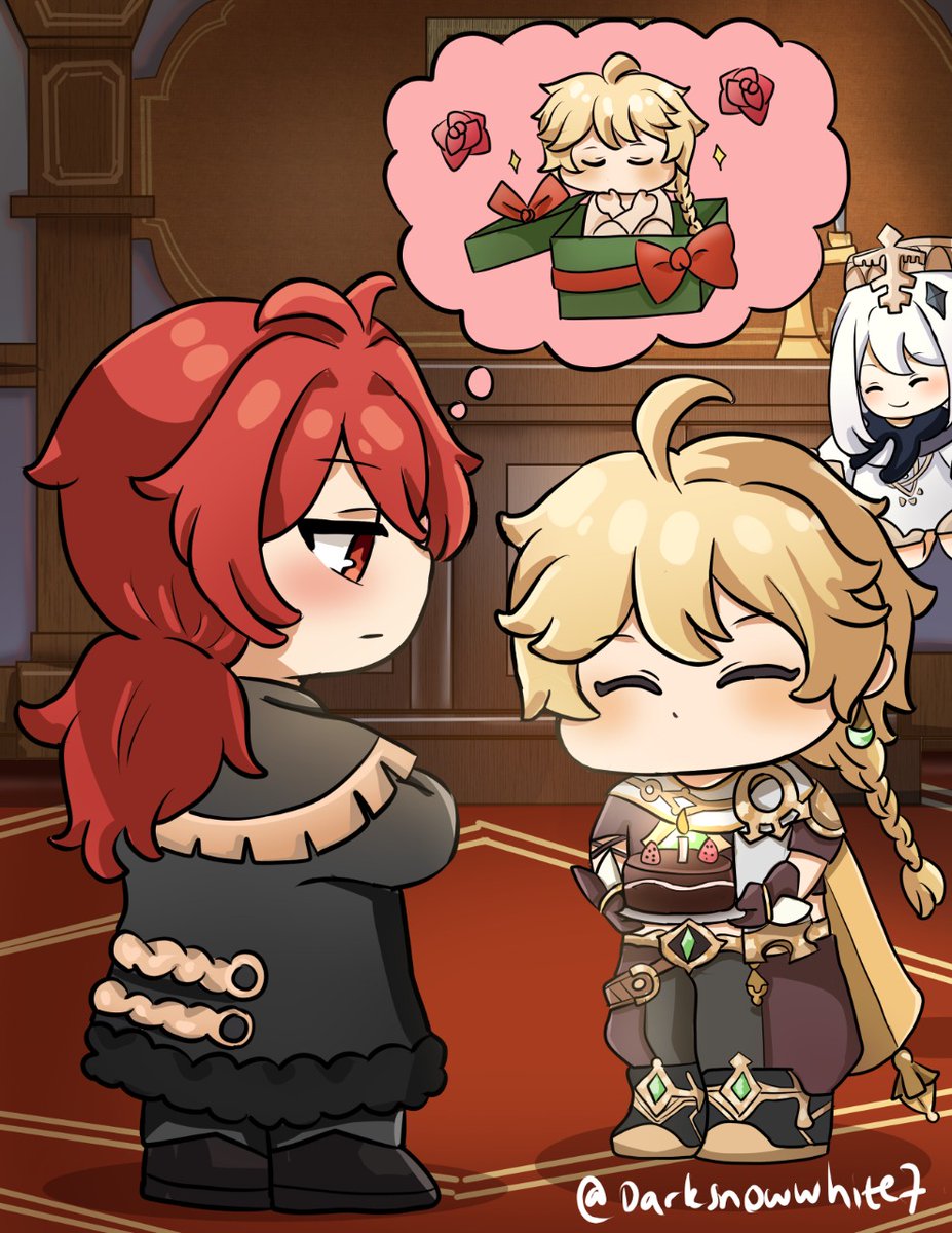 Darksnowwhite7's tweet photo. Happy birthday master diluc!! Of course our traveler will celebrate master diluc birthday, but it seems he doesn't really like the gift, maybe he want something else🤫
#Diluc #Aether #Diluther #dilucxaether https://t.co/wQn7qCY5lx