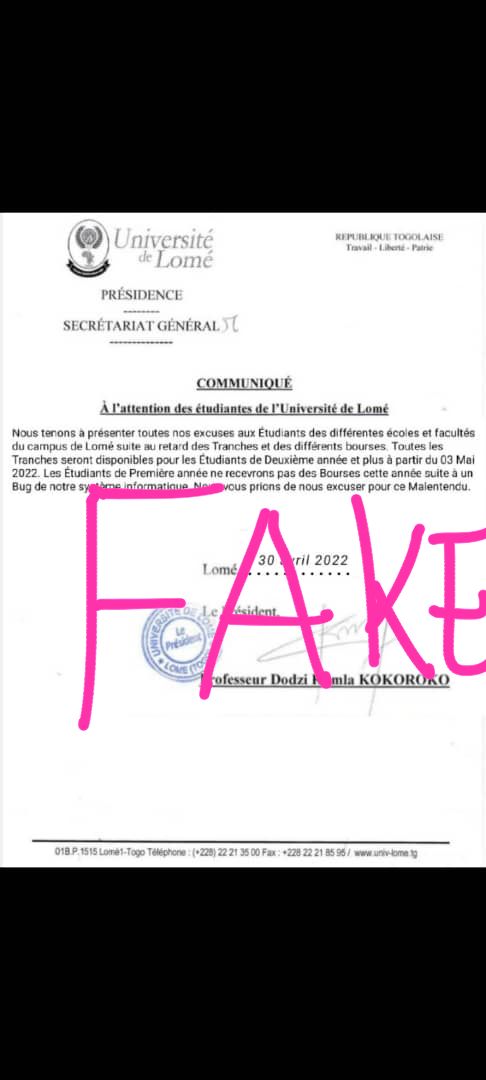 En dehors du contenu qui est invraisemblable, le style même ne ressemble pas #UniversitédeLomé...