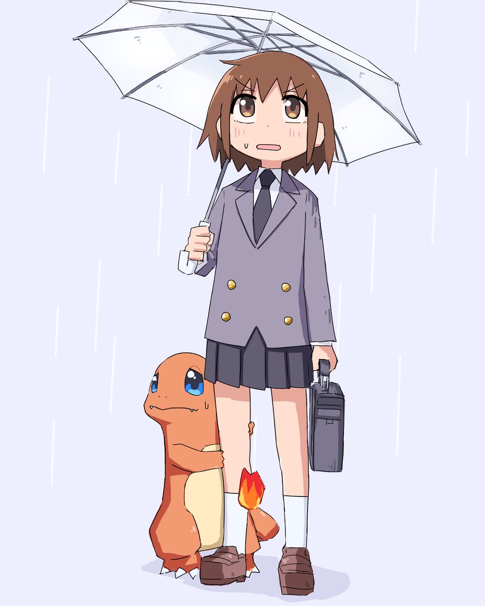 charmander ,oribe yasuna brown hair 1girl school uniform umbrella necktie crossover brown eyes  illustration images