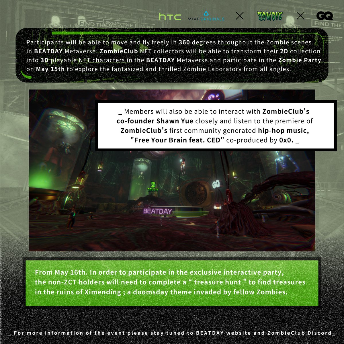 "ZombieClub" holds hands with HTC VIVE ORIGINALS <a href="/htcvive/">HTC VIVE</a>  and  <a href="/GQtaiwan/">GQ Taiwan</a>  to create the first ZombieClub Immersive experience! Participate to learn how current technology develops into Metaverse. Get turned and dive in.