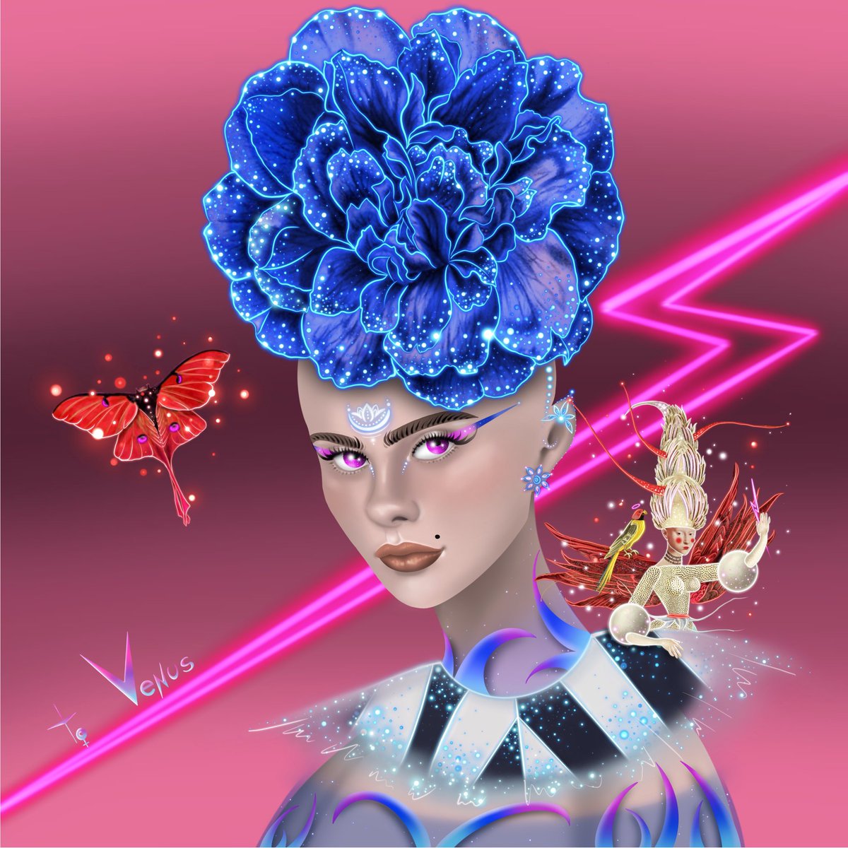 Christine_Clue's tweet photo. Celebrating May 1st with a derivative of @VarvaraAlay FG. Varvara Thank You for being inspirational, otherworldly, thought-provokingly creative, generous, beautiful, magical. And since youโre a @FlowerGirlsNFT Angel, had to add an angelic companion to match your aura๐๐#toVenus https://t.co/6LTNRq7RPw