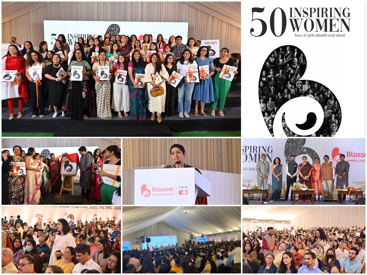smritiirani's tweet photo. Visited ‘Blossom - Women &amp; Childcare’, an initiative of K D Hospital in Ahmedabad &amp; launched book ‘50 Inspiring Women - boys &amp; girls should read about’. My compliments to all the women who have featured in the book &amp; extend my best wishes as they continue set to new standards. https://t.co/fKt1mHmaPB
