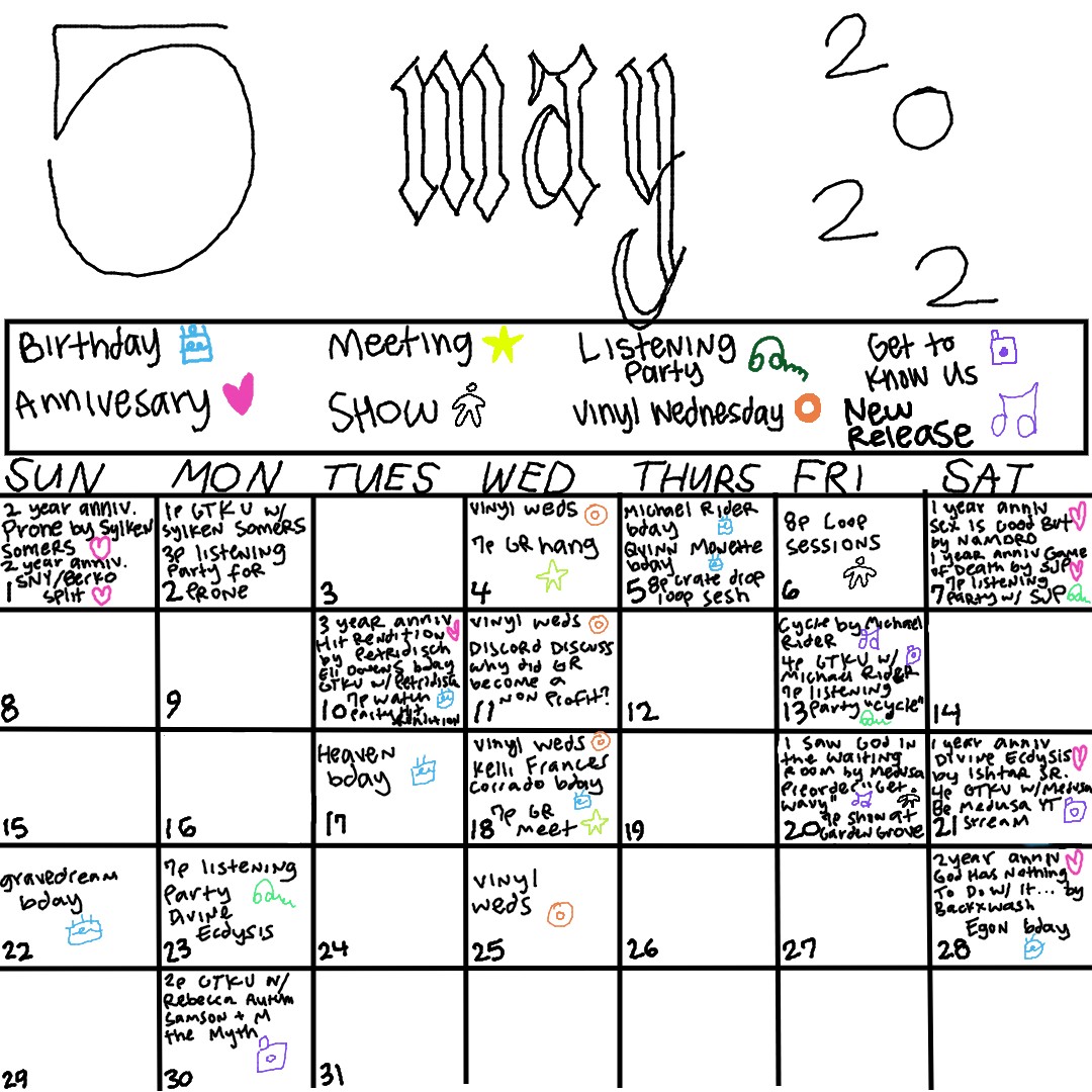 Much love to Al at <a href="/secretwinepress/">secret wine press</a> for making Gr our May calendar! We have a lot of fun stuff going on this month. You can find links to our events on the calendar on our website so if you see anything of interest head there too to save the event. :)
grimalkinrecords.com/calendar