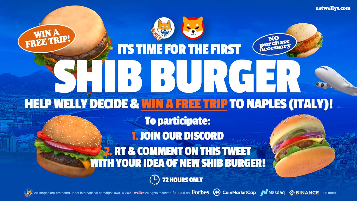 Its time for the first official #Shib Burger! 😋 #Shibarmy, what should be on it? 🤔 

Help #Welly decide to win a FREE trip to Naples! 

To enter:
Join discord.gg/wellyfriends 
RT & Comment below which fresh ingredients go on our new #SHIB BURGER! 🍔 🥑?🌶?🥓?🧀?👇