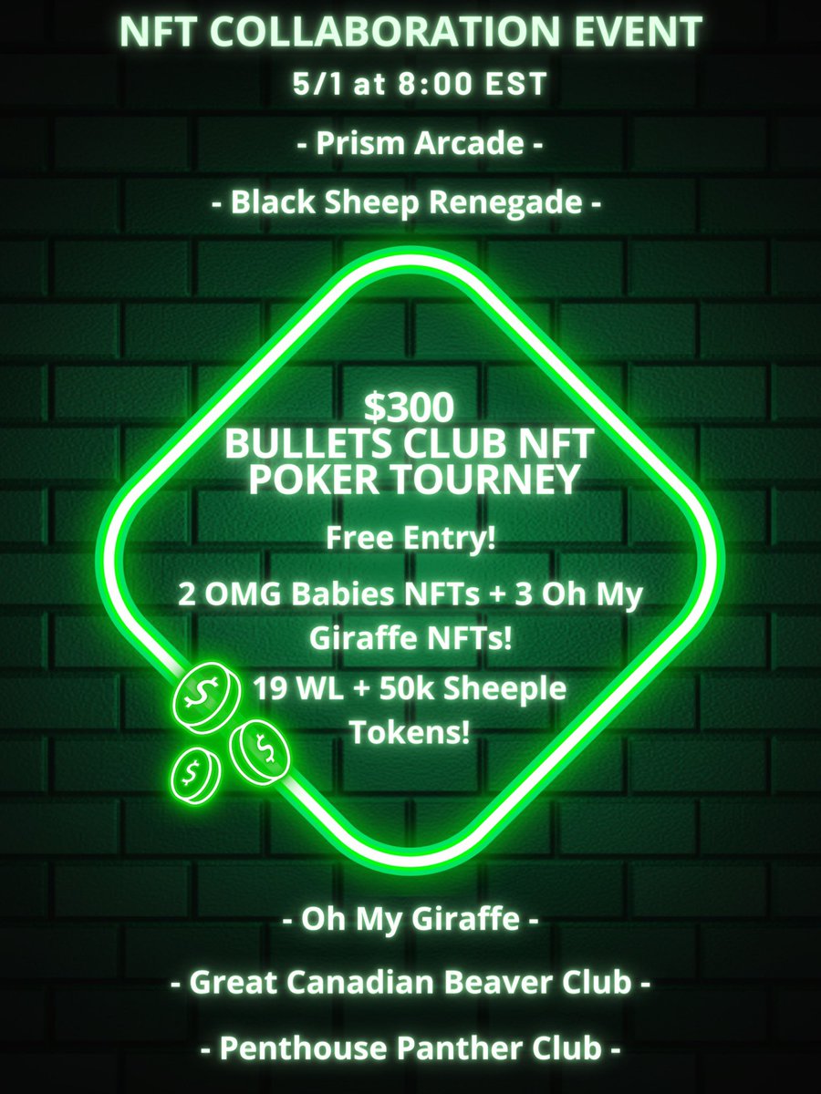 Join our discord for a MASSIVE 300 dollar free entry poker tournament. 

This is a collaboration with @blacksheepnft @ppantherclub <a href="/OhMyGiraffeNFT/">Oh My Giraffe!</a> <a href="/theprismarcade/">Prism Arcade</a> <a href="/GCBClub/">GCB Club | Phase 1 Launch</a> 

discord.gg/upYXF8tW