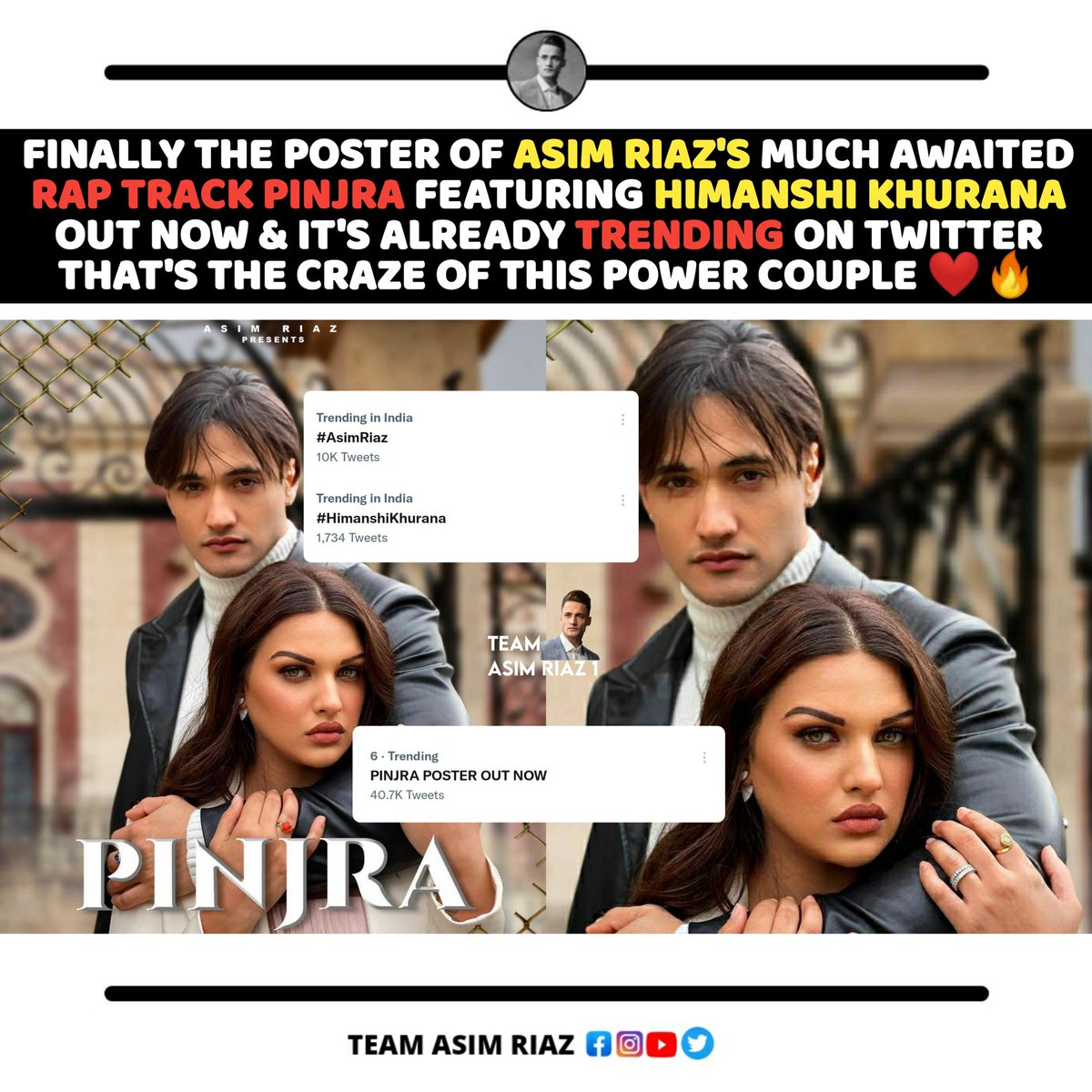 IamAsimRiaz1's tweet photo. #PINJRA Dropping On 6th May On the official YouTube channel of @imrealasim ✊🔥

Teaser dropping tomorrow at 10 am !!

PINJRA POSTER OUT NOW 

#AsimRiaz | #HipHop | #DesiHipHop | #Rap | #Rapper | #HimanshiKhurana | #Trending |  #AsimSquad | #TeamAsimRiaz https://t.co/KtIq2qz1uP