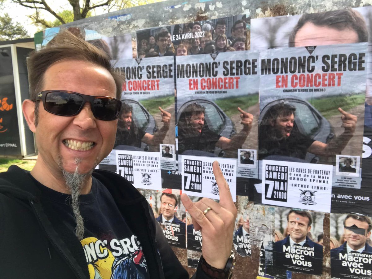mononcserge's tweet photo. Des affiches de Mononc’ Serge recouvrent celles de Macron: c’est ça, le grand remplacement? Détails de ma tournée en Europe sur https://t.co/Rgfs6HPUud https://t.co/t9ukasbZKA