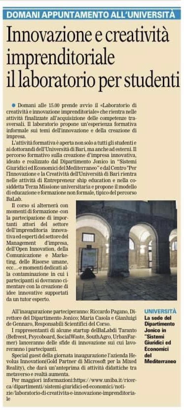 👉🏻 Tanti giovani tarantini;
👉🏻 5 startup (befreest, Urban Farmer, South Agro, Social WASTE, Psykoboard srl);
👉🏻 validissimi mentor e tutor provenienti da tutta la Puglia! 

#Uniba #BaLab #Taranto 
Ne parla <a href="/LaGazzettaWeb/">La Gazzetta del Mezzogiorno</a>🔻🔻