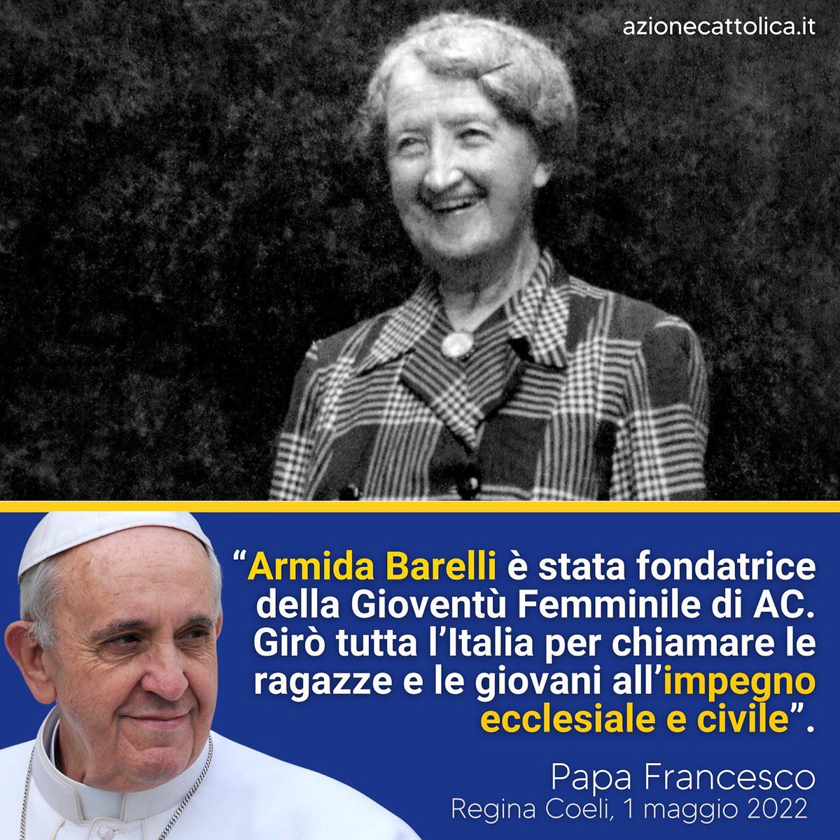 AC1868's tweet photo. «Ieri, a Milano, sono stato beatificati don Mario Ciceri e #ArmidaBarelli. ​
​
Armida è stata fondatrice e animatrice della Gioventù Femminile di #Ac. Girò tutta l’Italia per chiamare le ragazze e le giovani all’impegno ecclesiale e civile.»​
​
💬 @Pontifex_it https://t.co/1iQHeQDTko