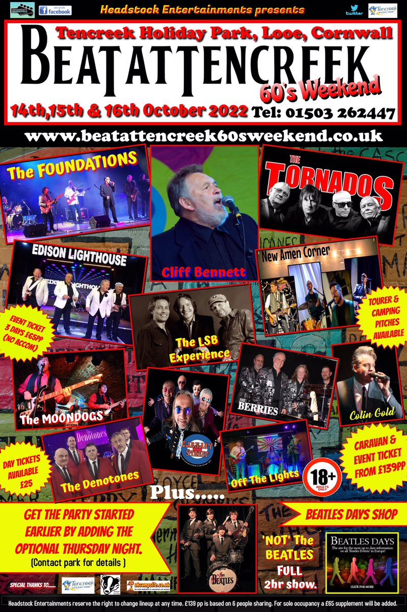 Another great lineup for 2022 so grab your tickets soon. #tencreek #dolphinholidays #sixties #thefoundations #cliffbennet #cornwall #looe #happycampers